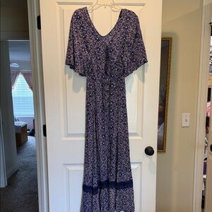 Flowy Indigo Printed Maxi Dress with Tassel Tie